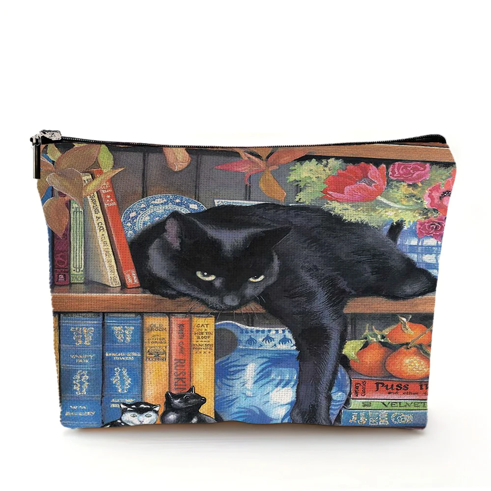 Cartoon Library Book Cat Full Print Makeup Bag Bridesmaid Wedding Makeup Box Handbag Fashion Travel Organizer Toilet Wash Wallet