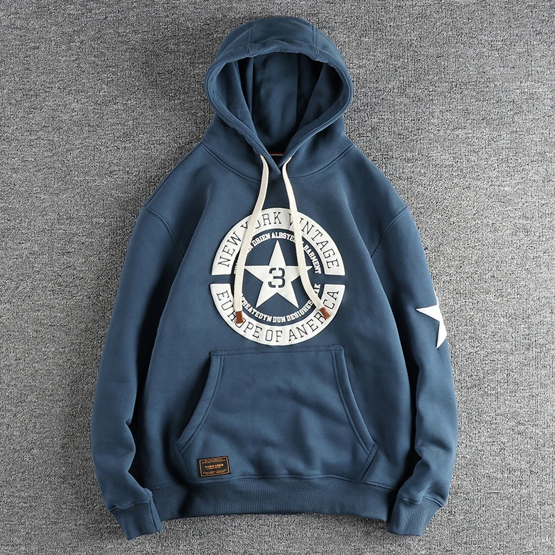 Autumn Winter New American Retro Thick Velvet Hooded Pentagram Printed Sweatershirts Men\'s Fashion Loose Casual Pullover Hoodies