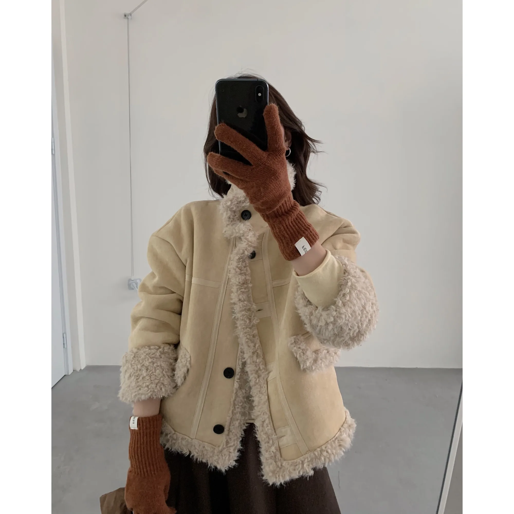 เสื้อโค้ทขนแกะฤดูหนาวแบบวินเทจ หนังกลับบุผ้าฝ้ายอุ่น หนังแท้ แฟชั่นเกาหลีสำหรับผู้หญิง เสื้อโค้ทอุ่น