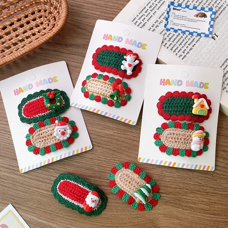 Kids Hair Clips 2 Pieces Knitted Yarn Santa Snowman Oval Lace Edge Christmas Festival Cute Soft Durable High Quality