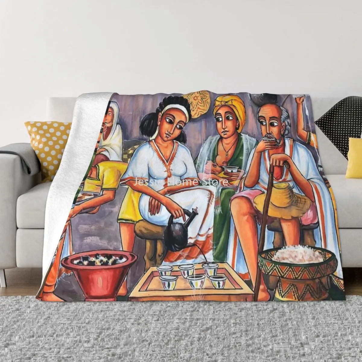 

Ethiopian Painting Art Coffee Ceremony Blankets Flannel Textile Decor Breathable Soft Throw Blankets for Sofa Travel Bedspreads