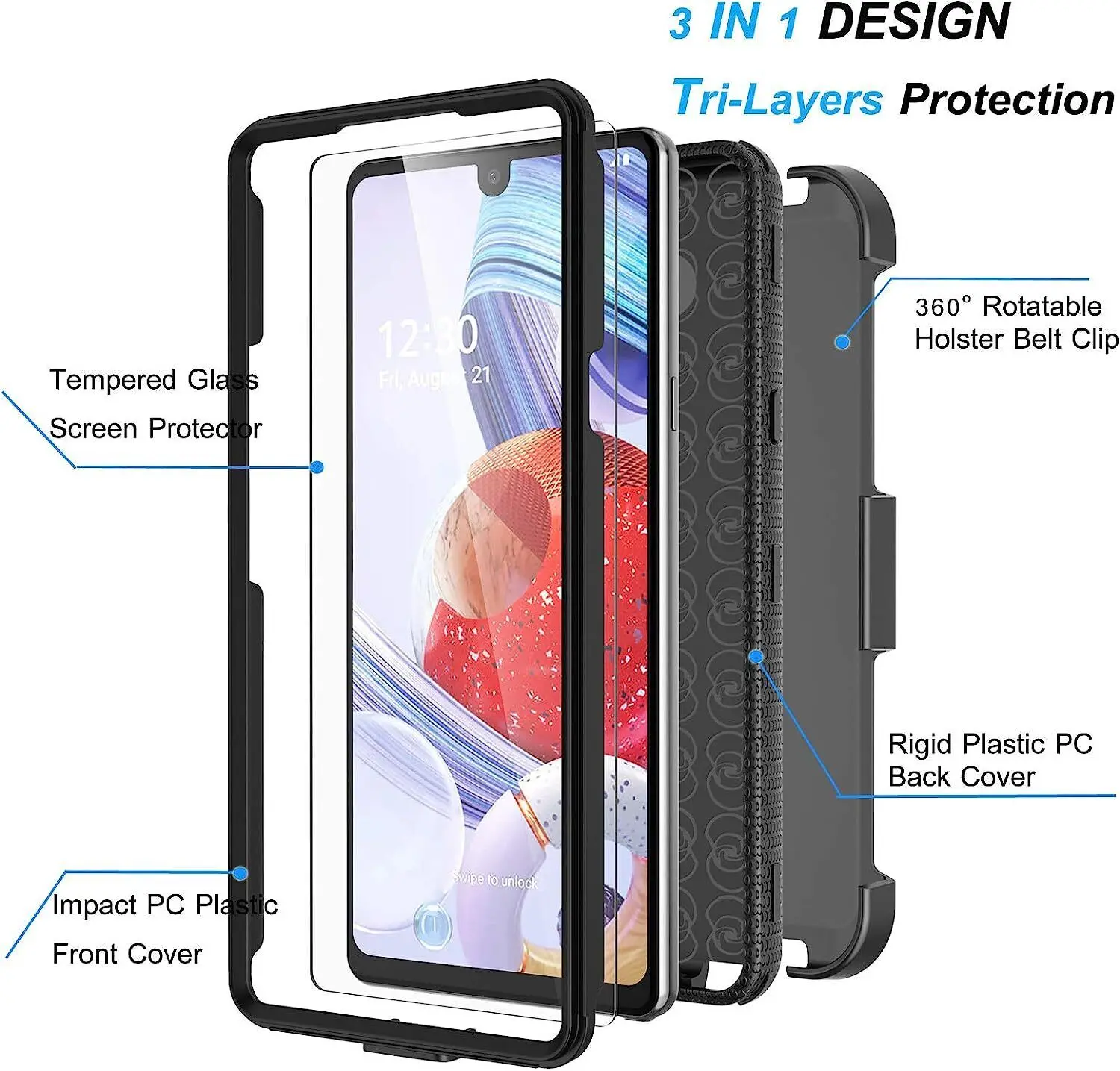 3 in 1Heavy Duty Rugged Case For LG Stylo 5/5x/5v/5 Plus/6 Shockproof Armor Stand Belt Clip Holster Cover+Tempered Glass