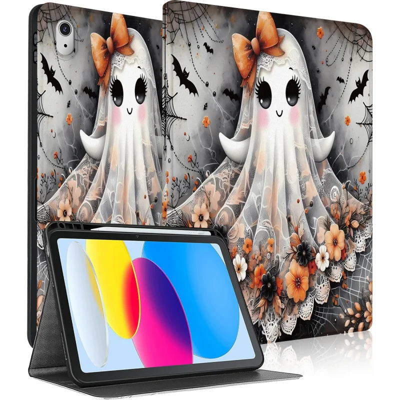 

Чехол Cute Ghost Flower Spider Web для iPad A16 2025 11-го поколения 11 дюймов/2022 10th 10,9 дюймов, чехол для планшета с автоматическим пробуждением/сна, подарок на Хэллоуин