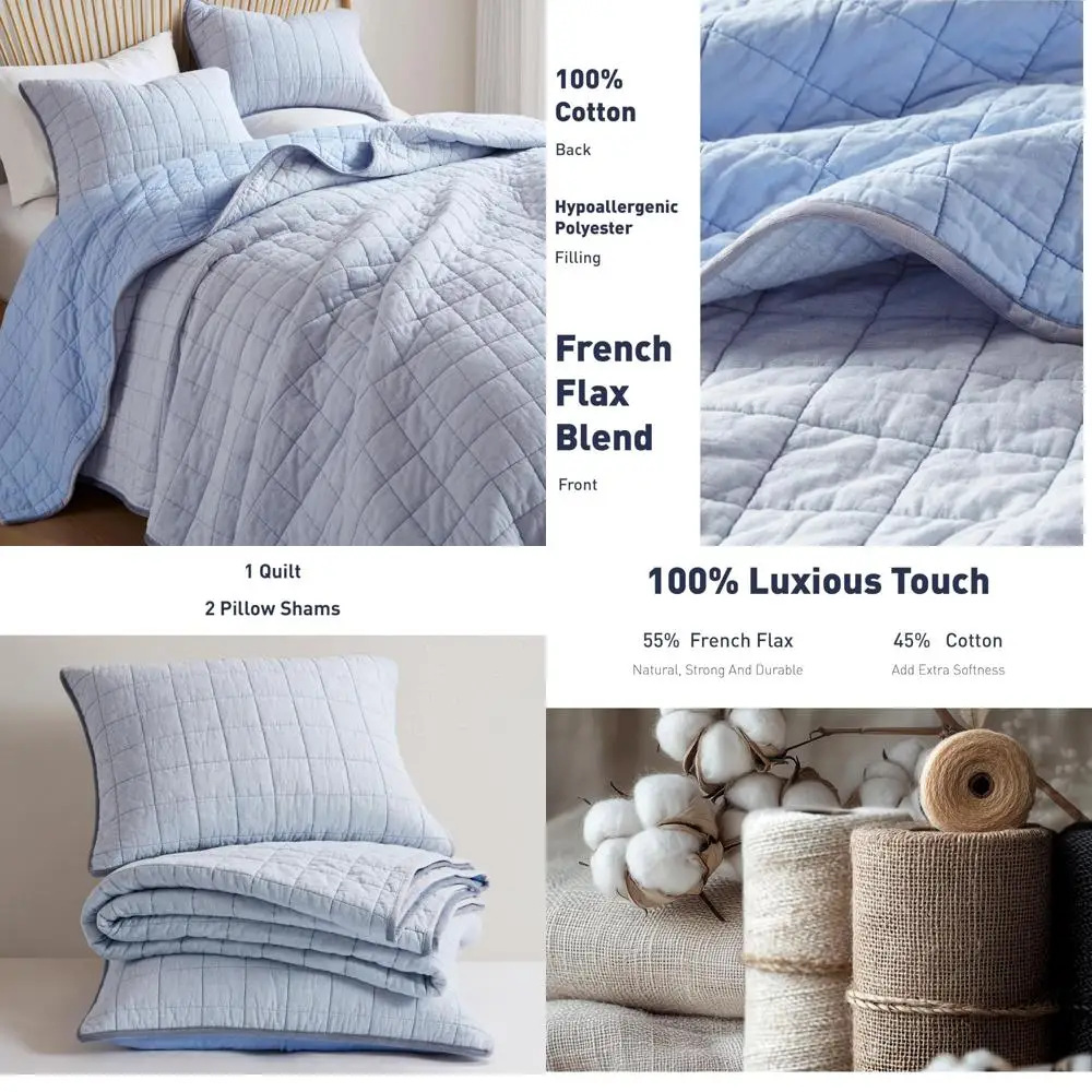 

King Size Organic European Flax Cotton Blend Luxury Linen Quilt Set for Bedspread and Coverlet, Box Stitched Bedding