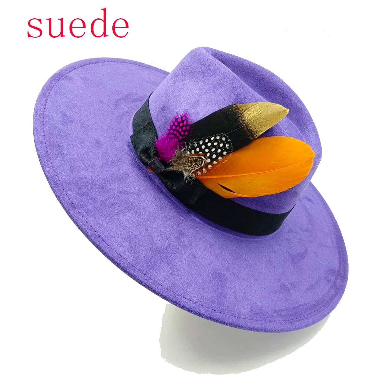 Fedora hat purple suede heart-shaped top large brim feather accessories wide brim jazz hat for men and women  sombrero hombre