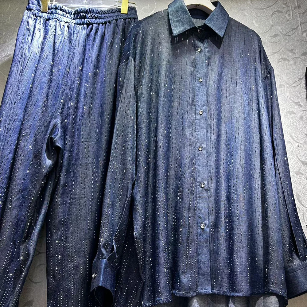 TWOTWINSTYLE الأزرق تقسم واحدة الصدر قطعتين مجموعة الإناث التلبيب كم طويل قميص عادية كسول المرأة فستان أطفال مع سروال داخلي الخريف جديد #5