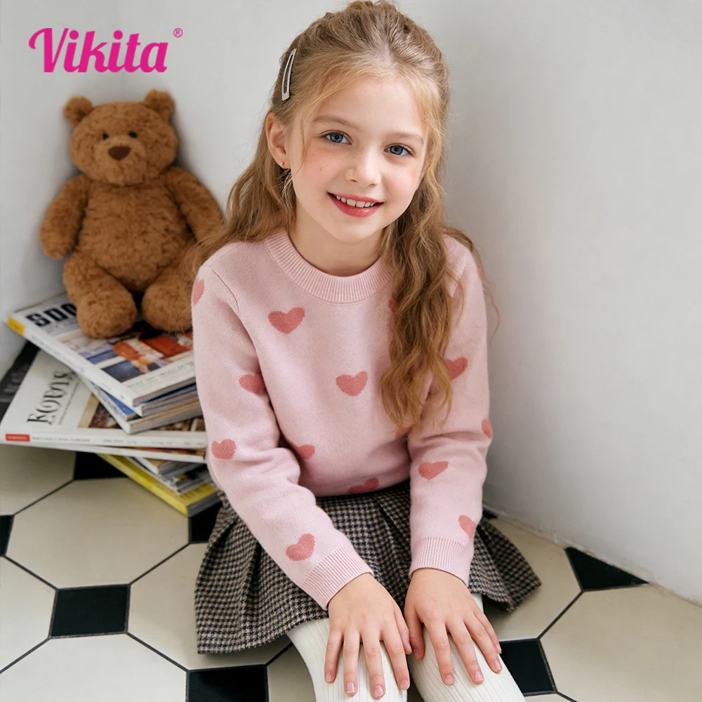 VIKITA Teenagers Pink Sweaters Girls Heart Shape Costumes Fall Spring Winter Knitted Fashion Blouses Sweaters Casual Wear Tops