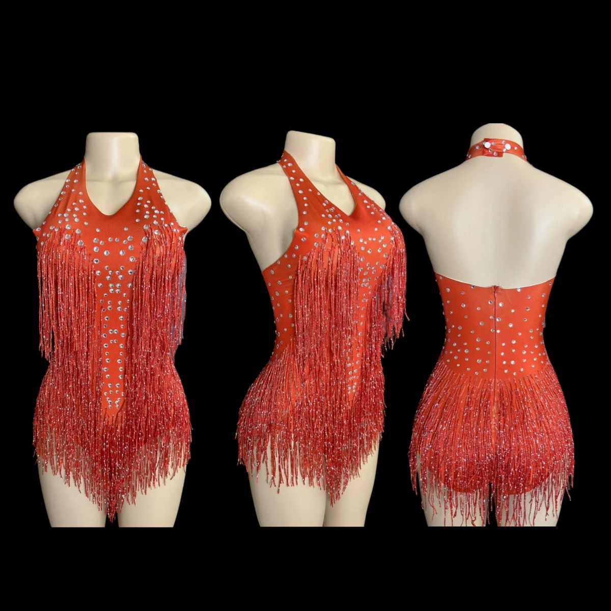 Sparkly Rhinestones Fringe Bodysuit WomenVightclub Party Dance Costume Stage Wear SexyTassel Leotard Performance Clothing  7G