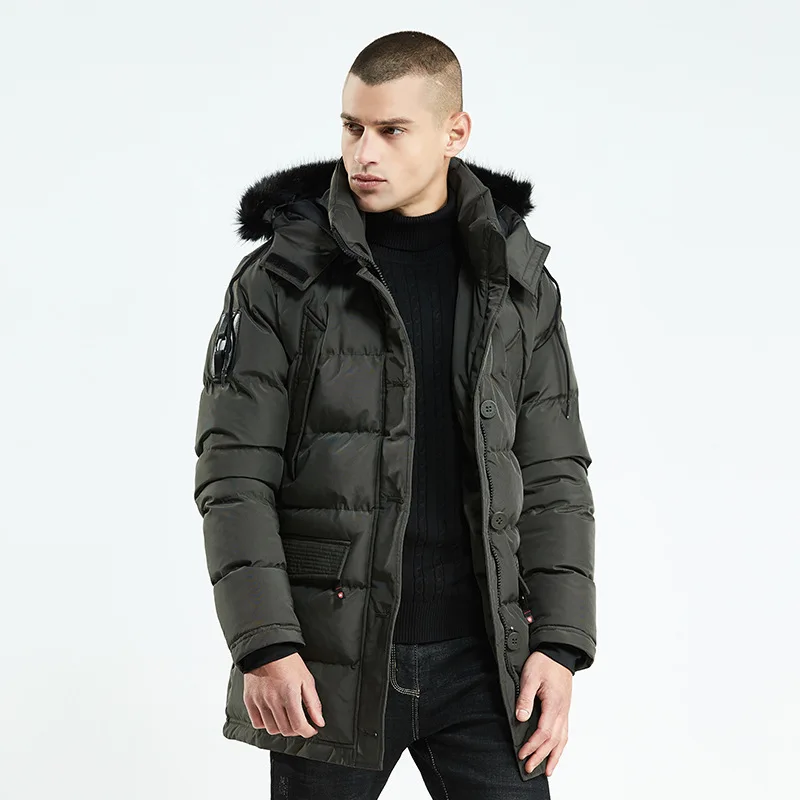 Comprimento médio Parka Homens Gola De Pele Engrossar À Prova De Vento Inverno Quente Solto Moda Casual Com Capuz Casaco Masculino