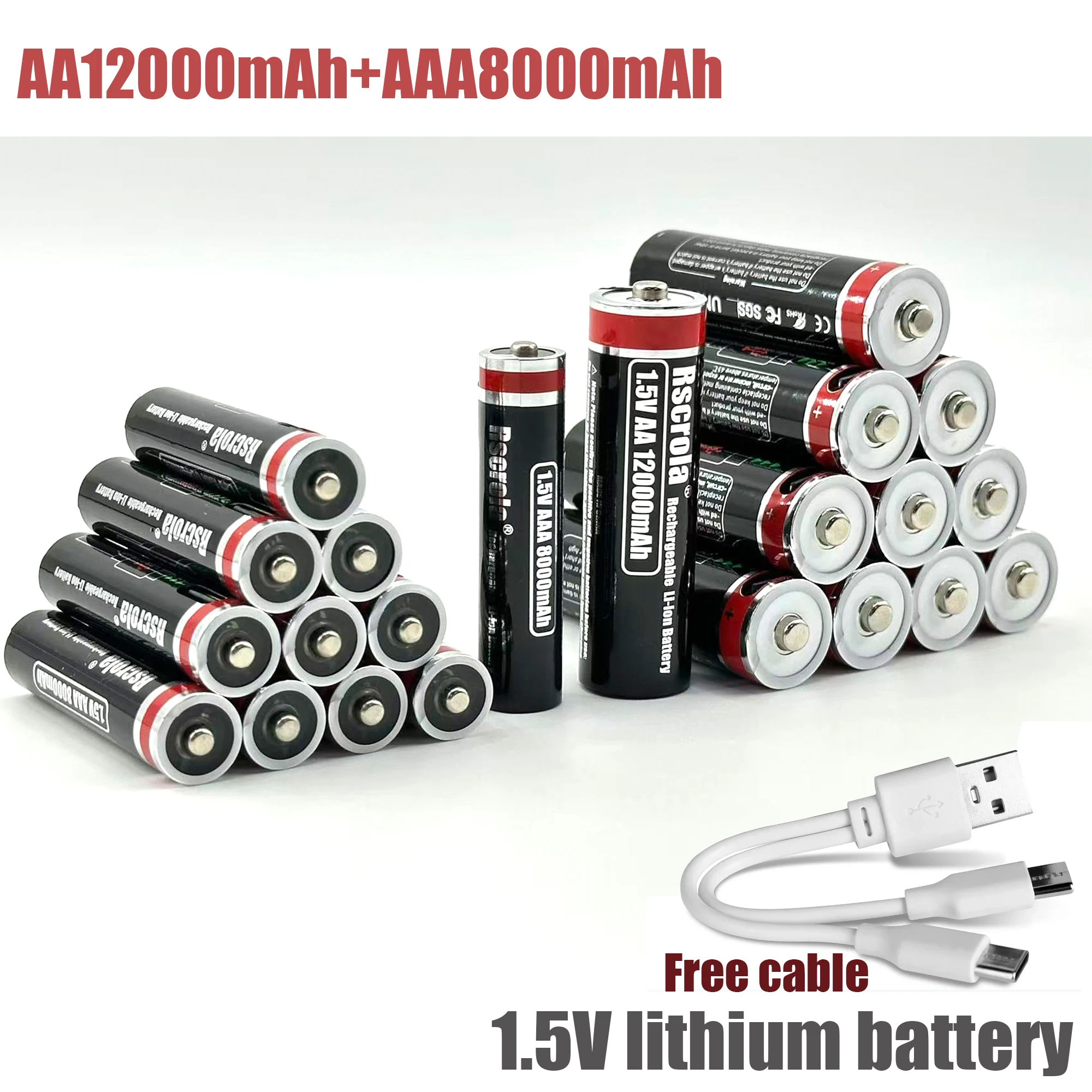 

Новые литиевые аккумуляторы AA 1.5V 12000 мАч и AAA 8000 мАч, 2000 циклов зарядки, быстрая зарядка, с бесплатными кабелями USB-C