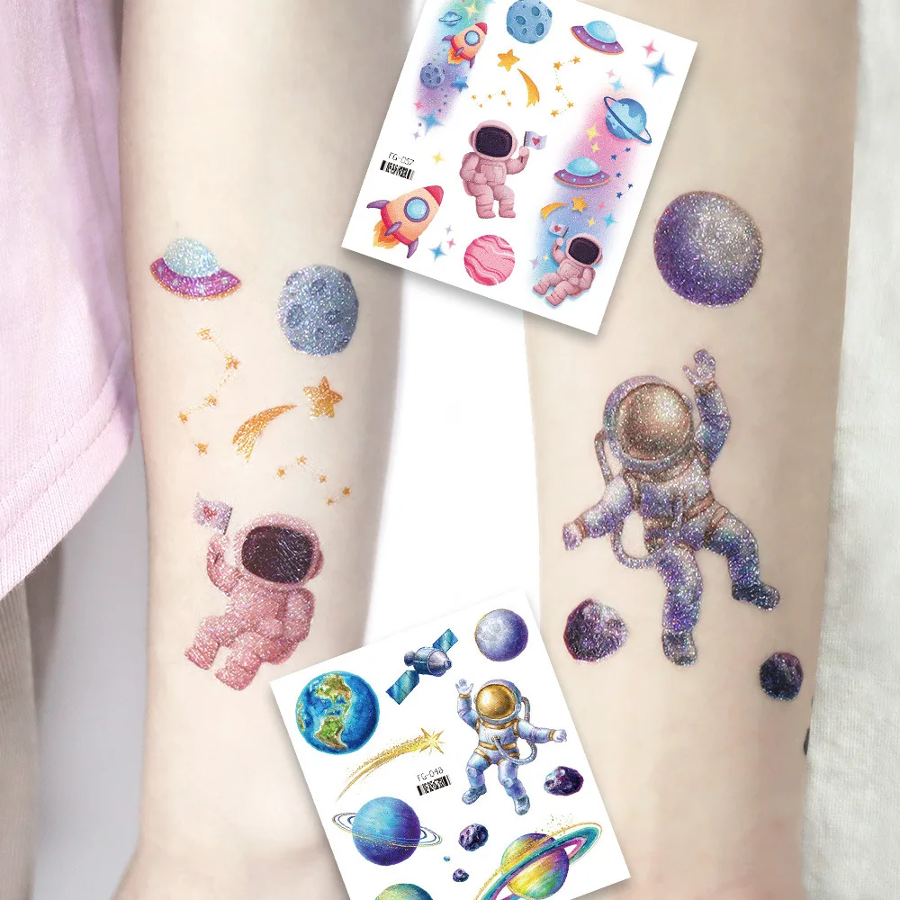 12 Sheets Glitter Galaxy Outer Space Astronaut Theme Temporary Tattoos for Kids Birthday Party Favors Baby Shower Pinata Fillers