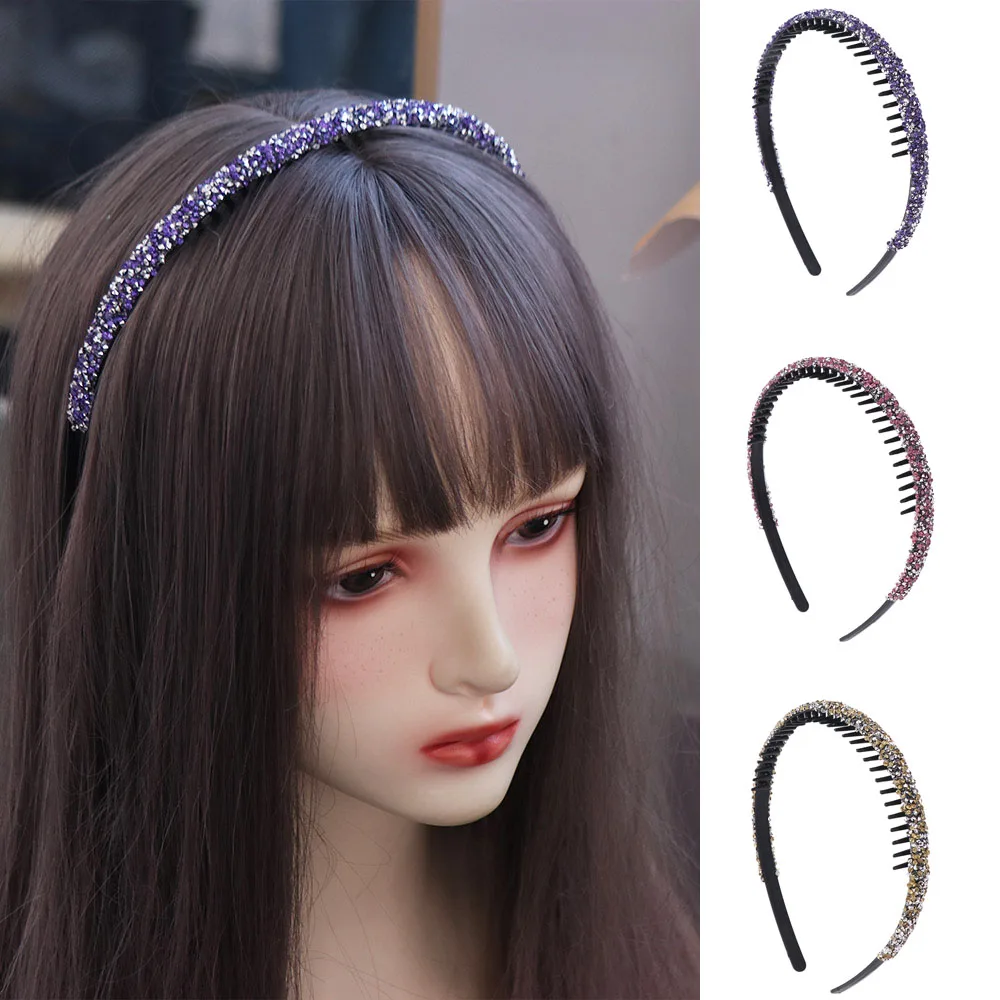 Cute Plastic Rhinestone Headband Shiny Non-slip Thin Hairband Korean Style with Toothed Hair Hoop Girl