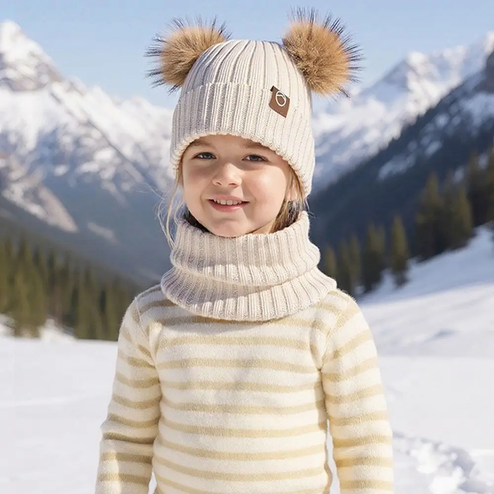 3Pcs/ Set Fleece Lined Hat Scarf Gloves Set Thermal Protection Thickened Material Children's Beanie Cap Knitted Cap Windproof