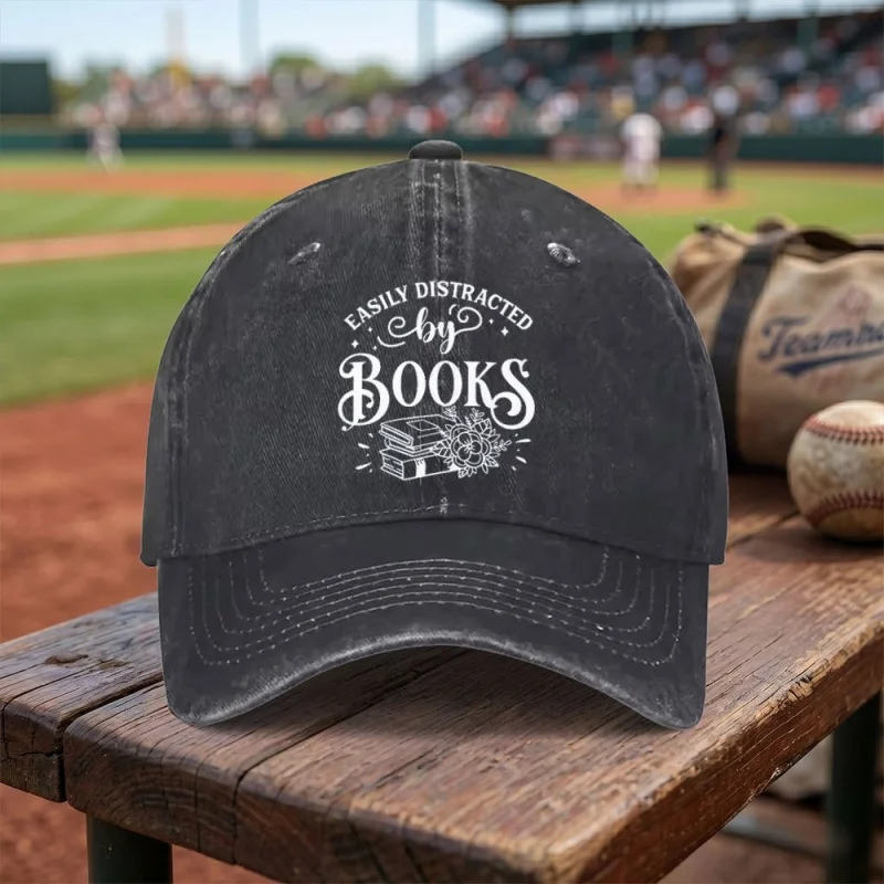 EASILY DISTRACTED BY BOOKS Washed Baseball Cap – Adjustable Buckle, Lightweight Breathable Unisex Hat for Daily Use & Gifts