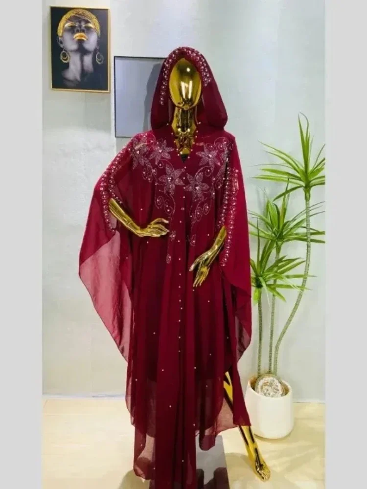 

Muslim Robes Ladies Long Maxi Abaya Dress African Style Pearl Detail Chiffon plus Size Summer Traditional Clothing for Women
