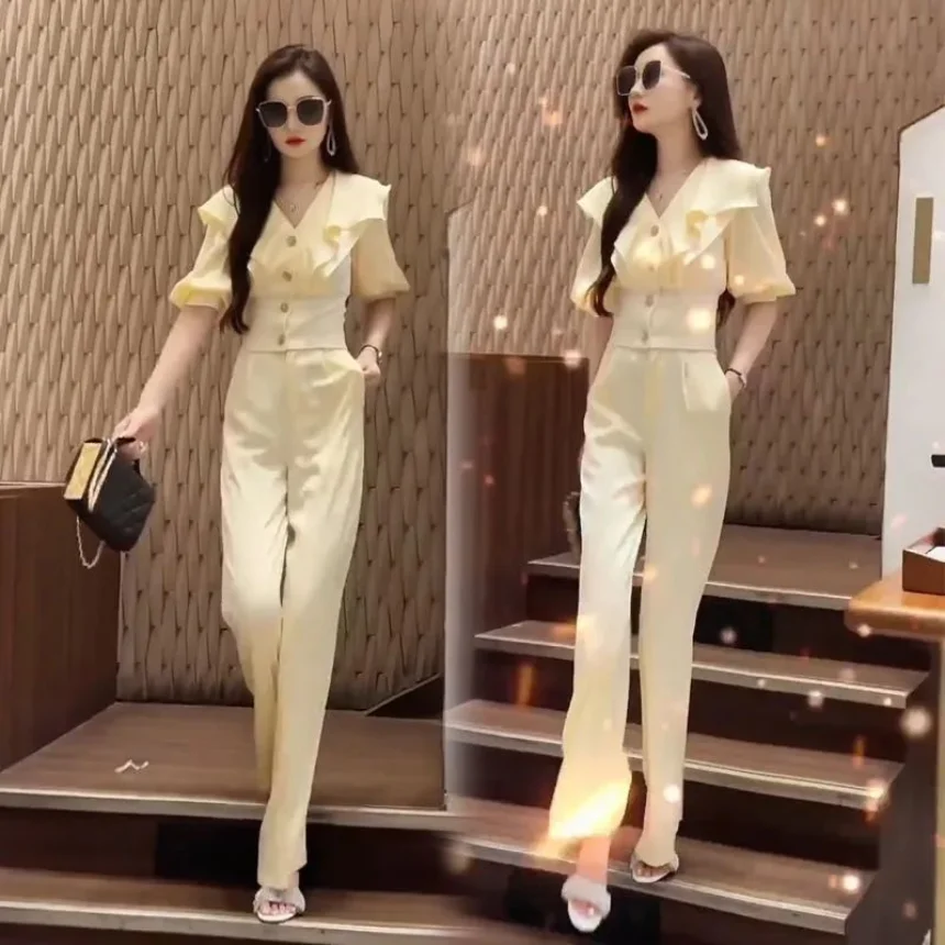 Temperament Fashion Set Women\'s Spring/Summer New Ruffled V-Neck Slim Top Fashionable Wide Leg Pants Two Piece Set