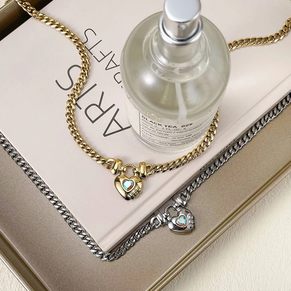 ENFASHION Stainless Steel Necklace Heart-shaped Colored Zircon Pendant Necklaces Fashion Jewelry Collares Para Mujer P223300