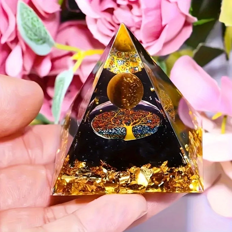 1pc Orgone Crystal Tree Of Life Pyramid Energy Generator, Natural Tiger Eye Stone Obsidian Pyramid, Meditation Pyramid