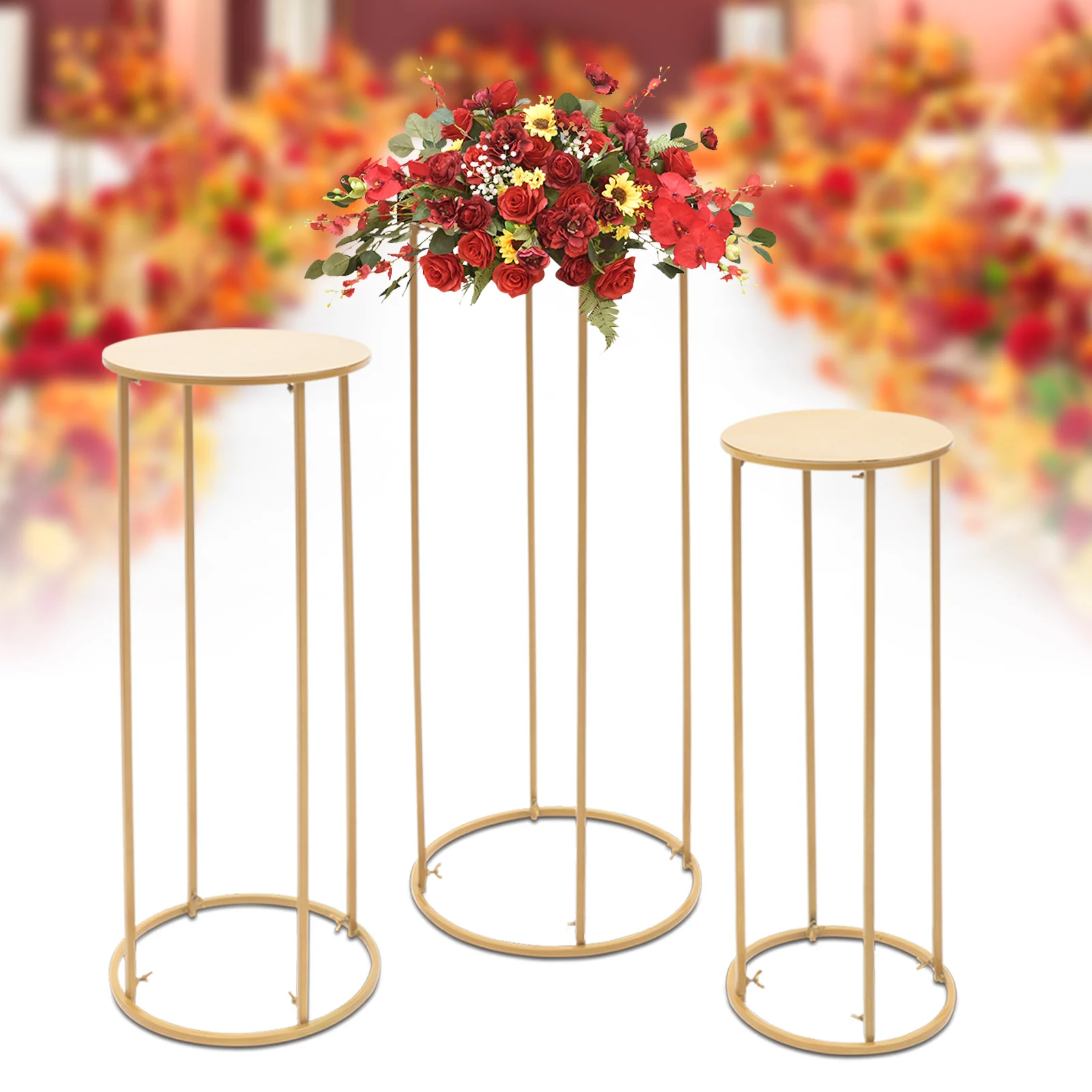 

3Pcs Gold Flower Stands Metal Round Floor Vase Column Rack Wedding Centerpiece Prop Decor Display Holder for Wedding Party