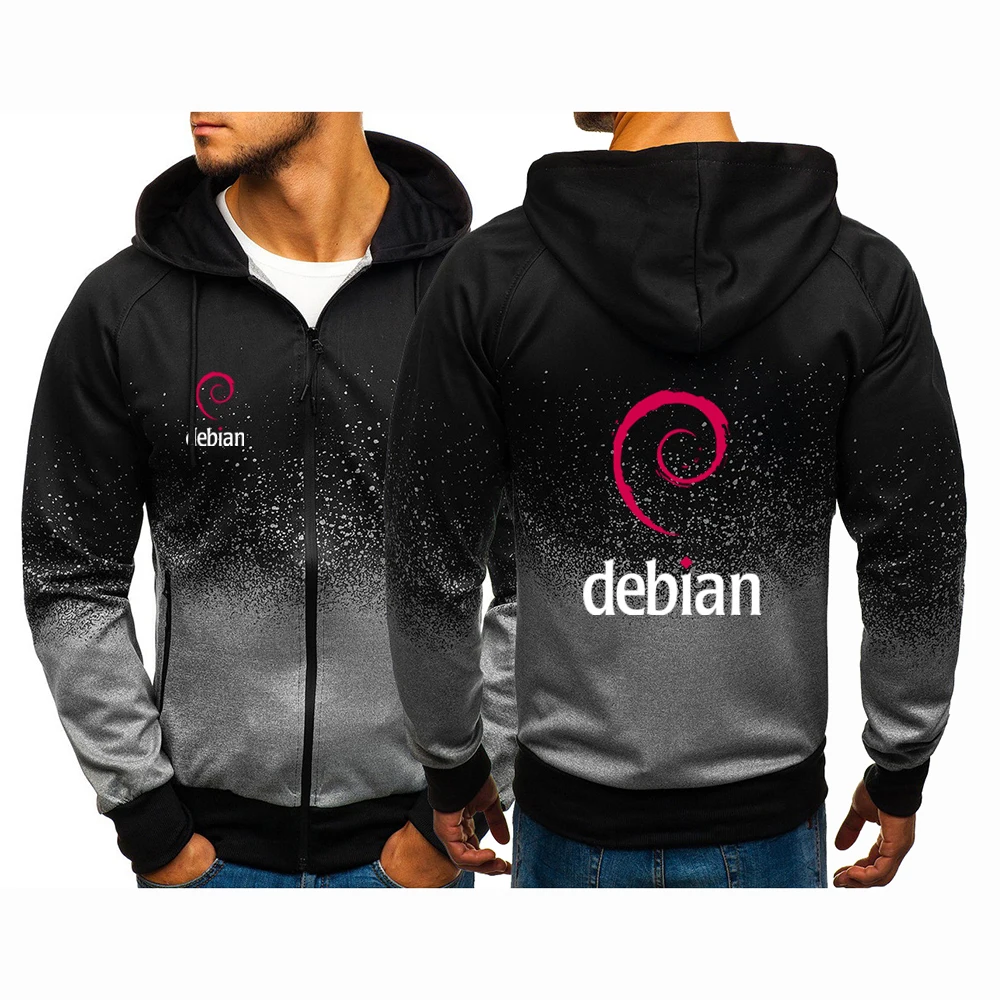 Linux Debian 2024 Men's New Gradient Sweatshirts Harajuku Hoodies Zip Pullover Handsome Cotton Clothing Jackets Coat Tops