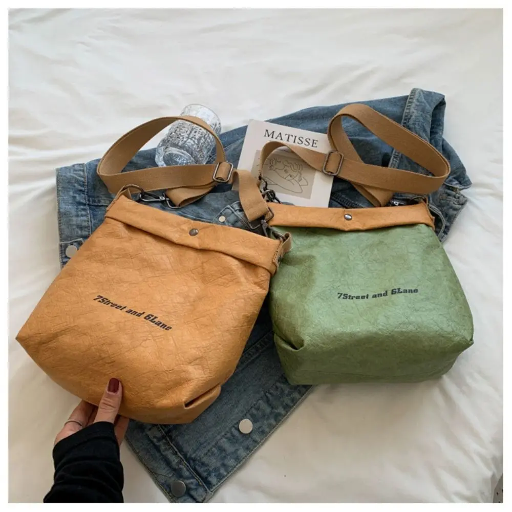 Kraft Paper Cross Body Bag Fashion Large Capacity Casual Bucket Bag Vintage Shoulder Pouch Women