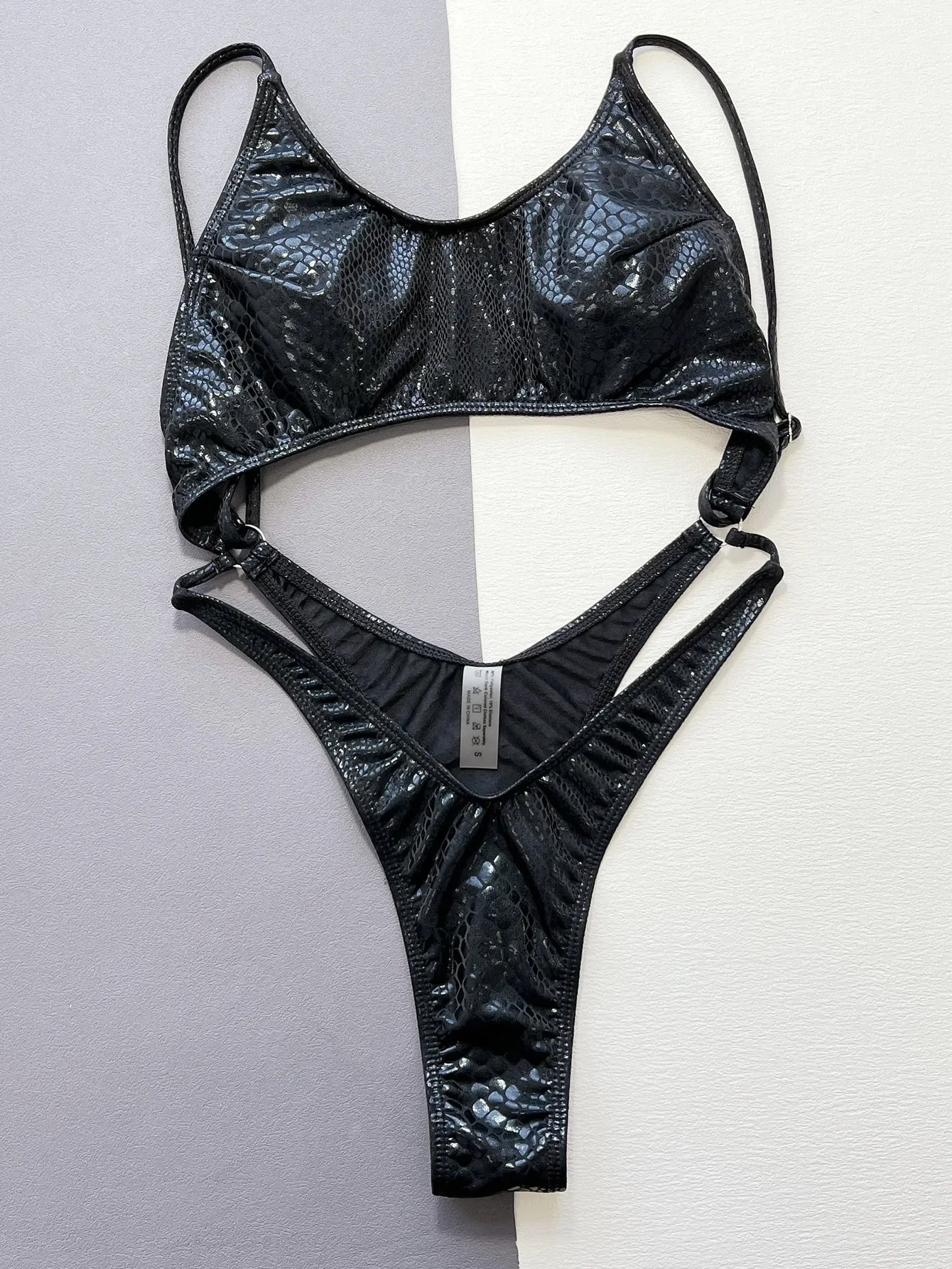 Women Black Snake Print Metallic Swimsuit One Piece Hollow Backless Bikini Swimwear Bathing Suit Beach Outfits Bodysuit Biquini