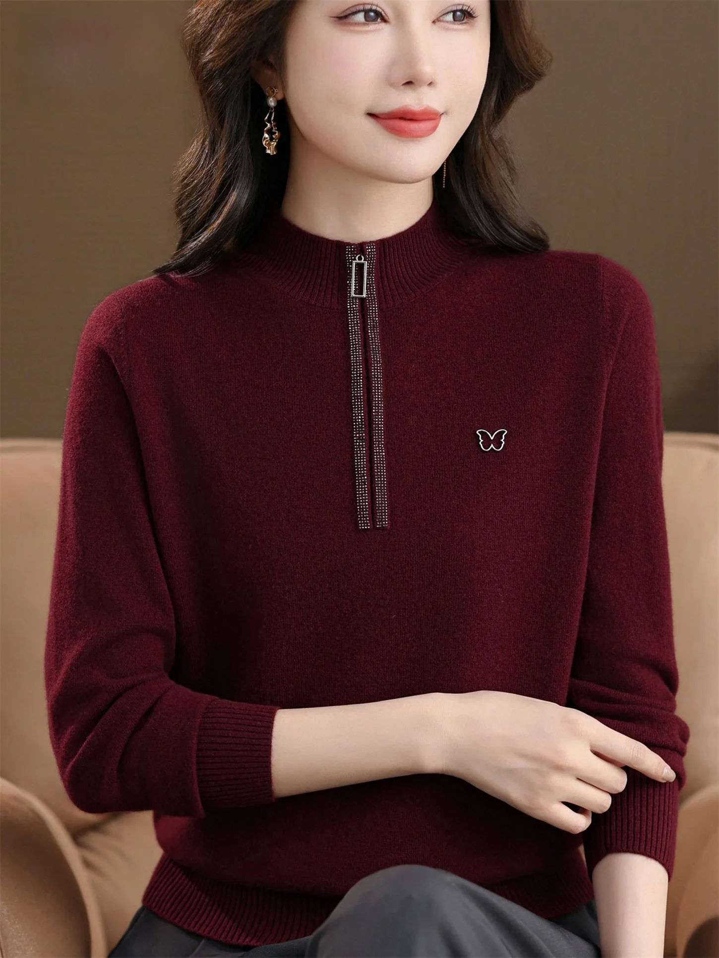 

Ele 00% Pure Wool Zipper Front f High Collar Base irt Women's Faion Autumn Winter New Sle Mommy Clothes
