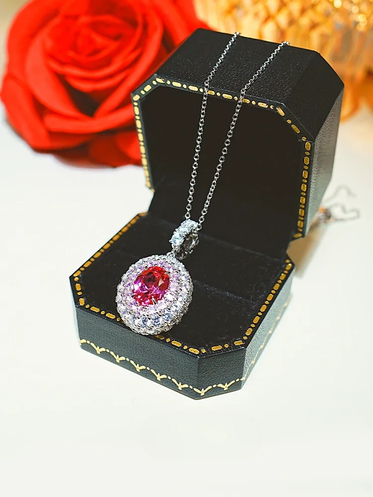 Desire Luxury Pink Tourmaline 925 Silver Flower Pendant Set with High Carbon Diamonds, Versatile, Retro, and Elegant Women