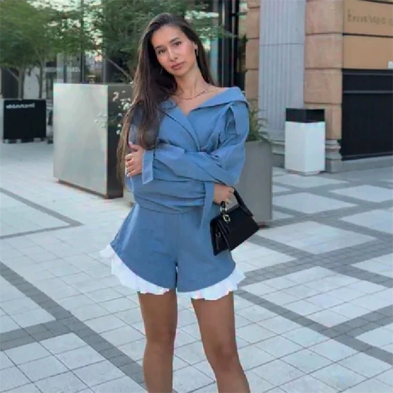 Denim Two Piece Set Women, Lapel Off Shoulder Long Sleeve, Crop Jacket Ruffle Shorts Casual, Streetwear Autumn Outfit Female
