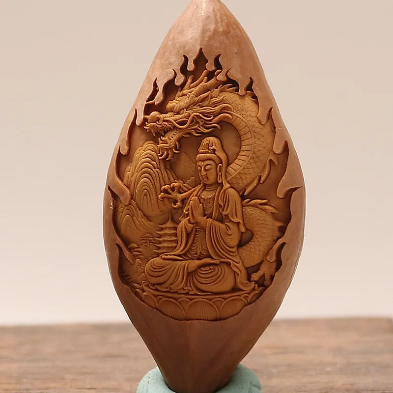 UMQ Olive Kernel Large Seed Single Hand-carved Royal Dragon Guanyin Yellow Treasurer of Wealth Perforated To Match with Bracelet