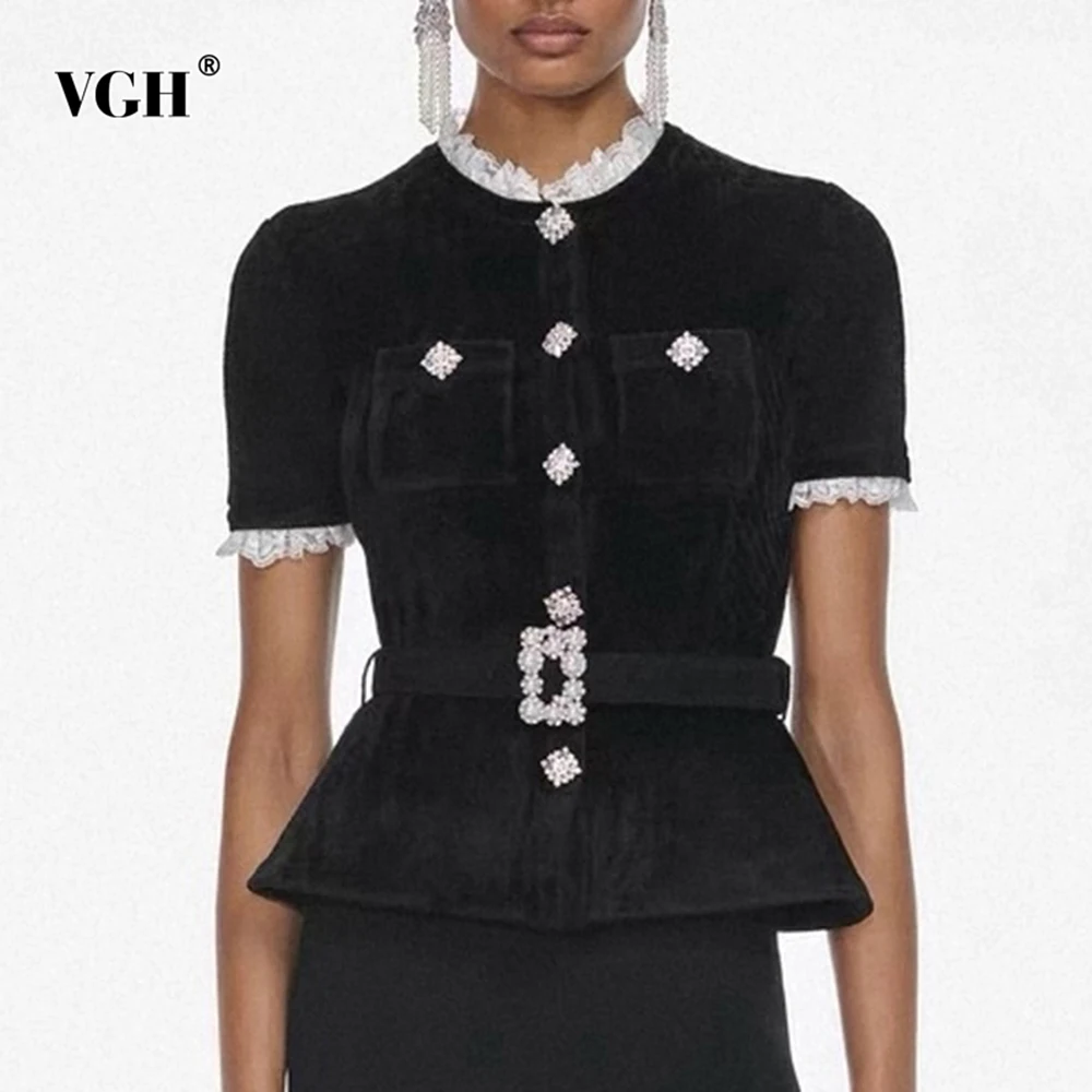 

VGH элегантные утягивающие кружевные куртки для женщин с круглым вырезом и коротким рукавом, высокой талией, темпераментное пальто, женский модный стиль, новинка