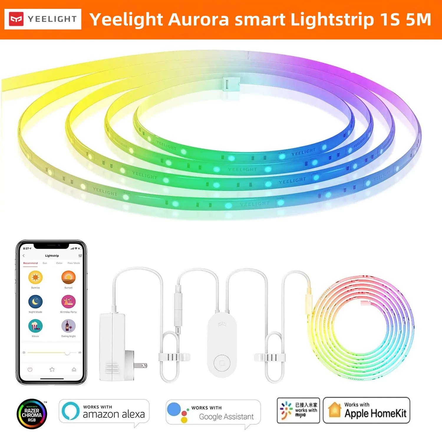 Global Version Yeelight Aurora Smart Light with 1S RGB Color WiFi 5 Meter Long HomeKit LED Light with Remote Control