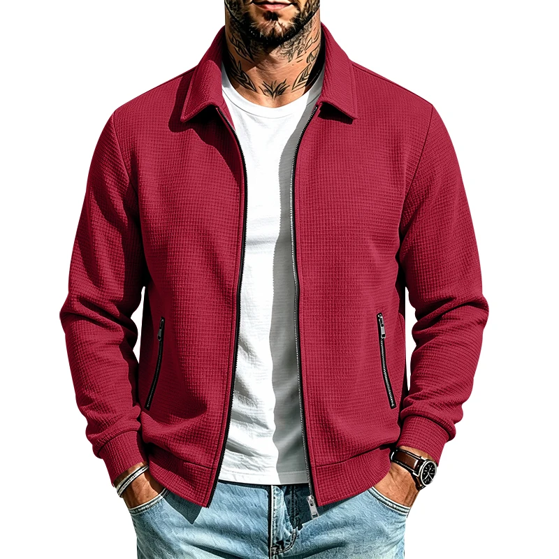 Herren Frühlings- und Herbstjacke aus Waffelstrick mit Reißverschluss, lässig, locker, leicht, mit Kragen, für den Alltag. – Detail 23