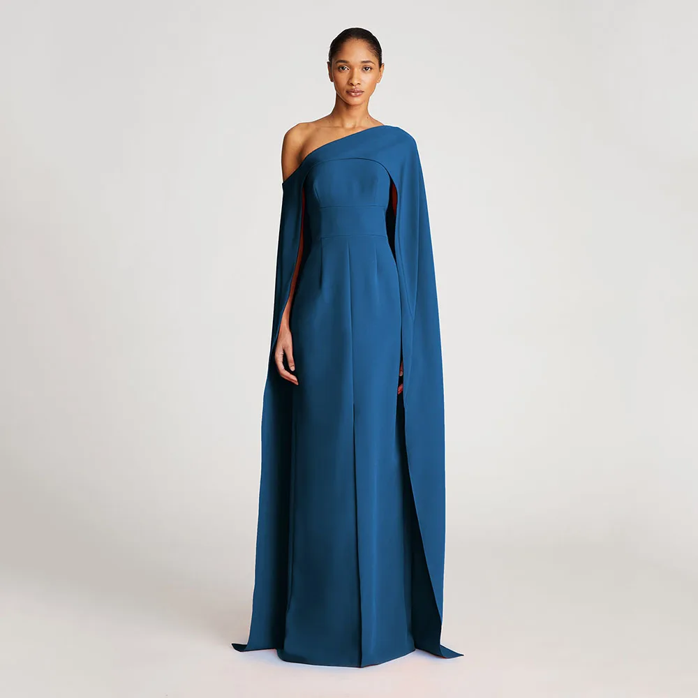 

Elegant Evening Dresses for Women 2025 One Shoulder Cape Formal Evening Gowns Column Sleeveless Blue Wedding Guest Dress Long