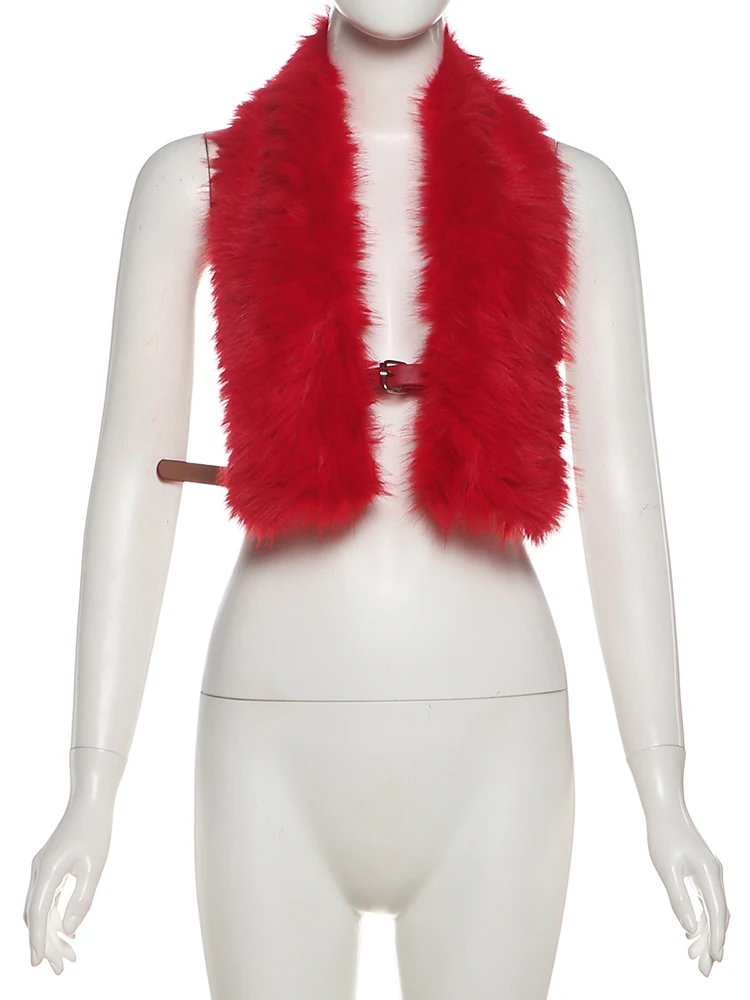 سترة علوية نسائية من Sisterlinda بدون ظهر فروي بدون أكمام مع رسن هوتي بدون أكمام من البولي يوريثان بإبزيم معدني ملابس نادي منتصف الليل