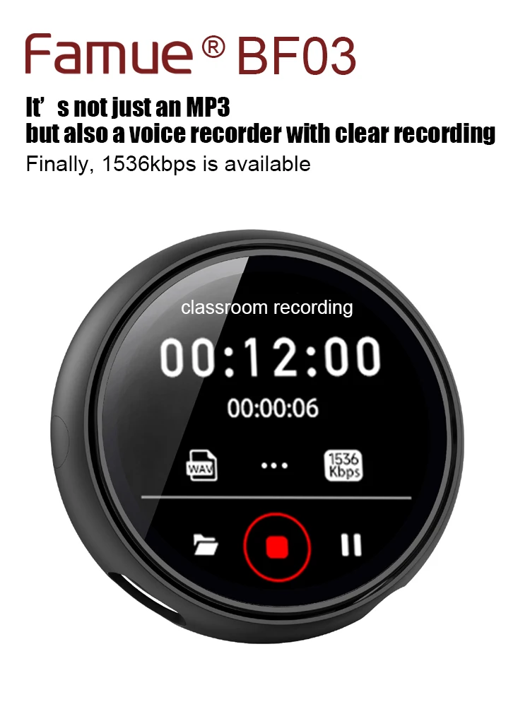 مشغل MP3 مشهور - مشغل موسيقى أنيق مخصص بتصميم دائري، Bluetooth5.3، وظائف التسجيل، الكتاب الإلكتروني، Gif للطلاب، 32G