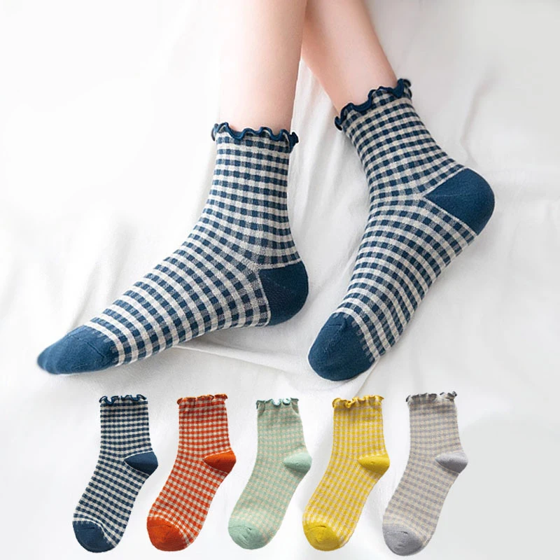 Women's Socks Autumn Checkered Retro Vintage Cotton Socks Crew Comfortable Color Fashion Sock Elastic Plaid Short Socks Woman So