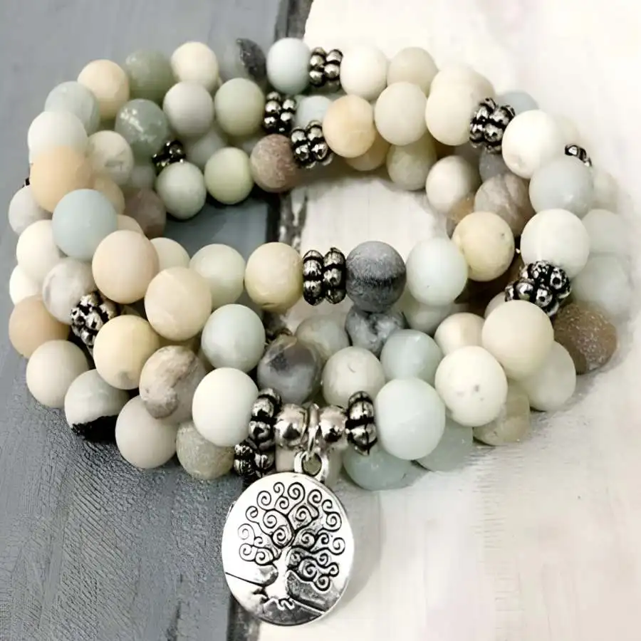 

8mm Frosted Amazonite Gemstone 108 Beads Mala Bracelet Jewelry Meditation Nirvana Men's Bohemian Stone Chakra Mala