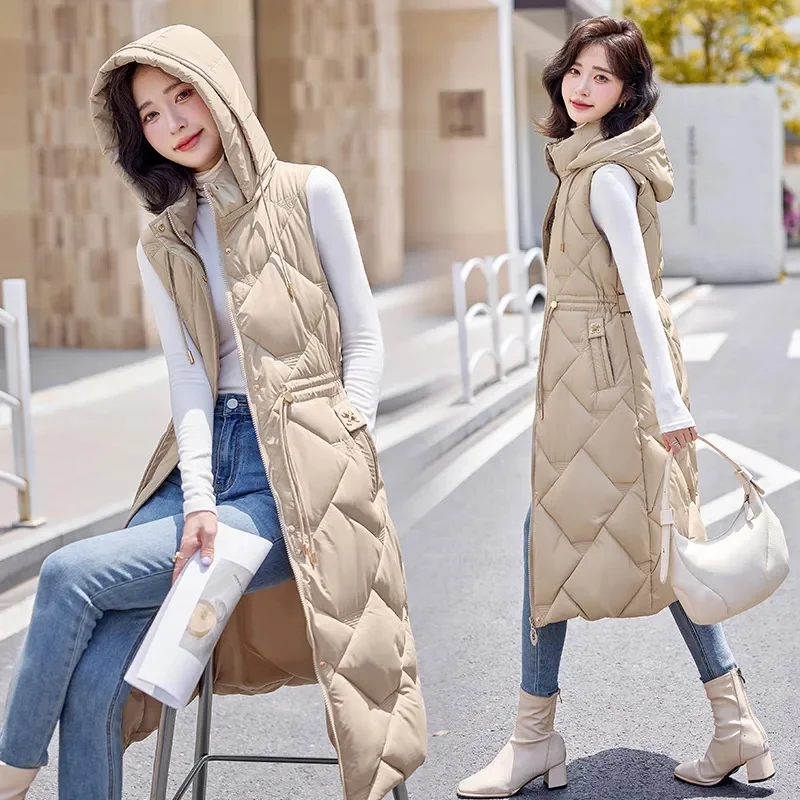 Autumn Winter Women Sleeveless Waistcoat Warm Puffer Jacket Ultra Light Mid Long Down Cotton Vest New Female Outwear Casual Tops