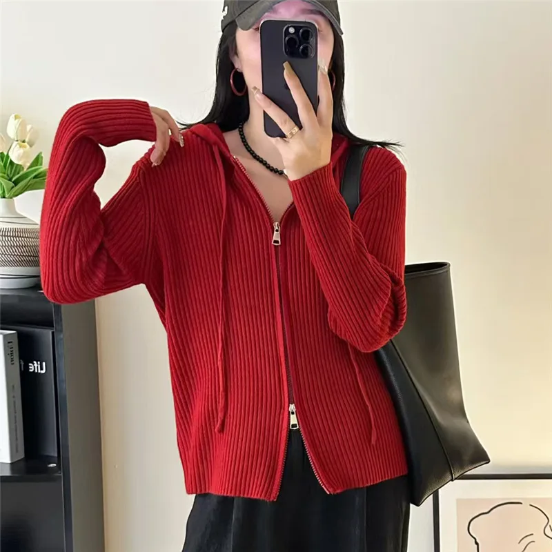 Korean Style Women's Hooded Sweatshirt Jacket 2025 Autumn New Solid Loose Knit Zip Up Hooded Cardigan Y2k Streetwear Women