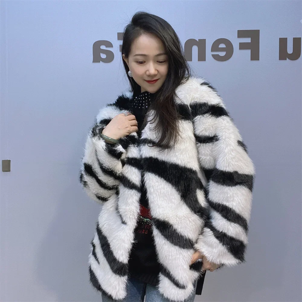 Fashion Zebra Pattern Faux Fur Coat Women Autumn and Winter 2024 New Long Sleeve Furry Coat Loose Round Neck Jacket Female