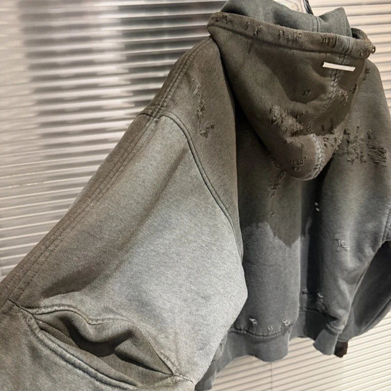 26ss Washed Zip Hoodies High Street Distressed Hip Hop Retro Men's Women's Hoody Sweatshirt