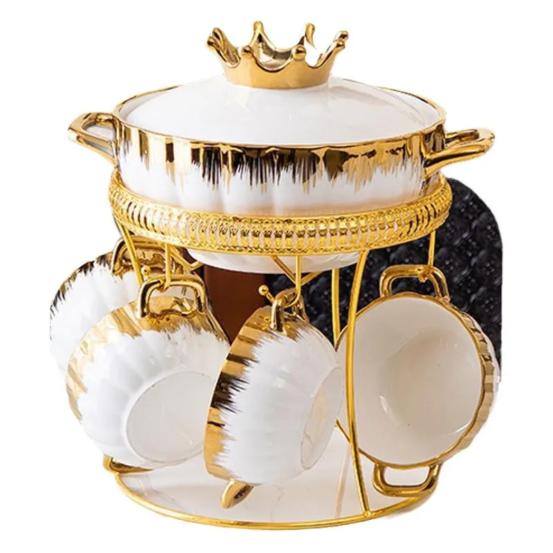 

DSA Gold Stripe Soup Pot Set Phnom Penh Iron Frame Ceramic Home Tableware Ceramic Soup Pot for Home Use