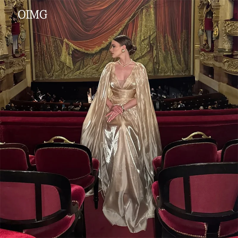 

OIMG Shiny Champagne A Line Prom Gowns V Neck Cap Sleeves Party Gown Floor Length Gala-ready Evening Dress Customized