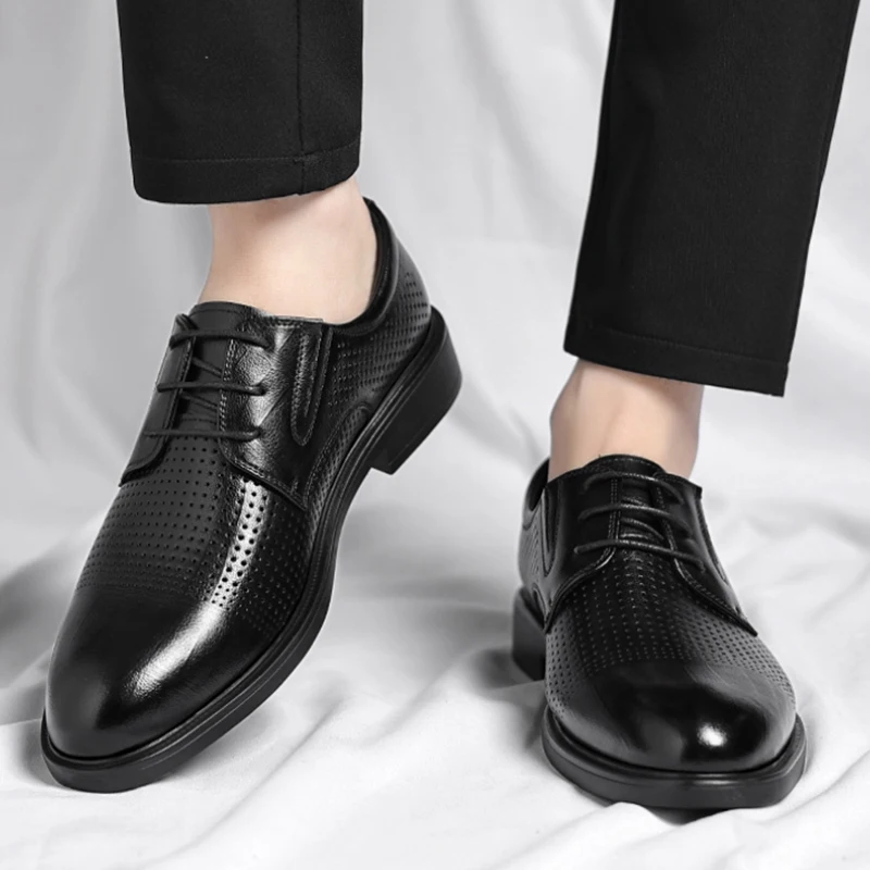 

Mens Black Genuine Leather Perforated Lace Up Formal Business Office Breathable Summer Casual Daily Wear Shoes Hollow Simple
