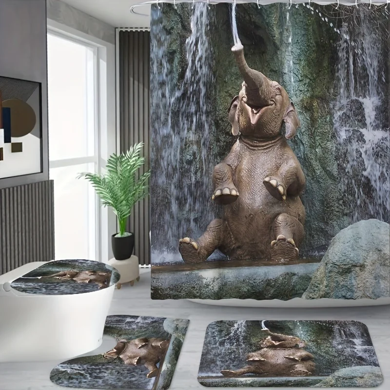 4PCs mountain elephant printed shower curtain set, waterproof shower curtains with 12 hooks, non slip carpet, toilet lid mat