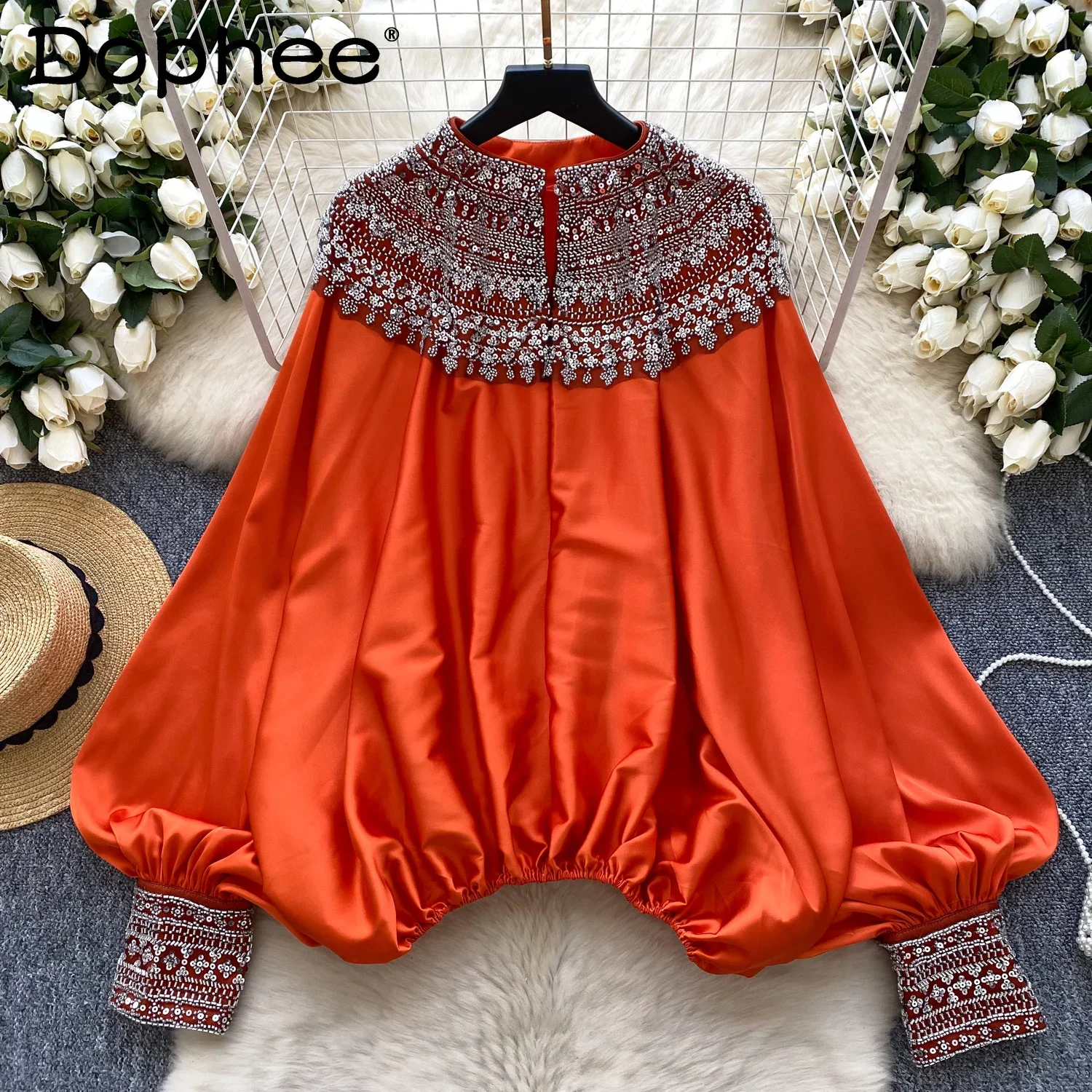 French Court Shirt Women's High-end Heavy Industry Beaded Sequins Loose Bat Sleeves Satin Tops for Women Fashion Elegant