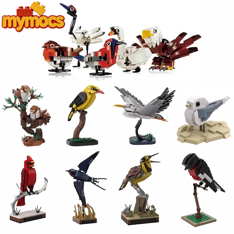 Mymocs Ideas MOC Tier-Modellbausätze: Vogel Hirundo Rustica, Cardinalis, Parus Major, Möwe, Erithacus Rubecula - Bausteine Spielzeug