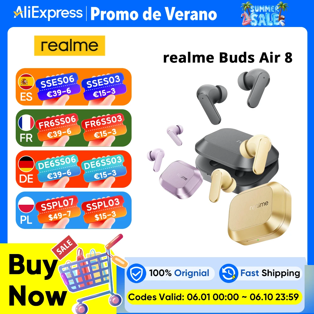 Version mondiale Écouteurs realme Buds Air 8 Réduction du bruit ultra profonde de 55 dB Double haut-parleur haut de gamme 11 + 6 mm Conception Master IP55