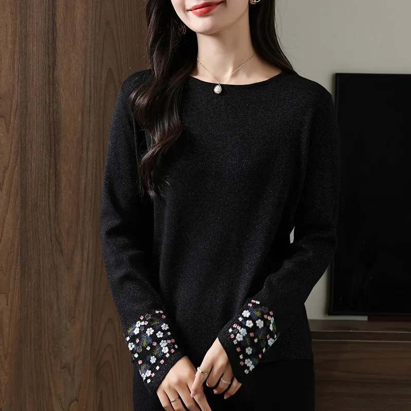 Direct sales embroidery bright silk new worsted wool knitted long-sleeved sweater top bottoming shirt